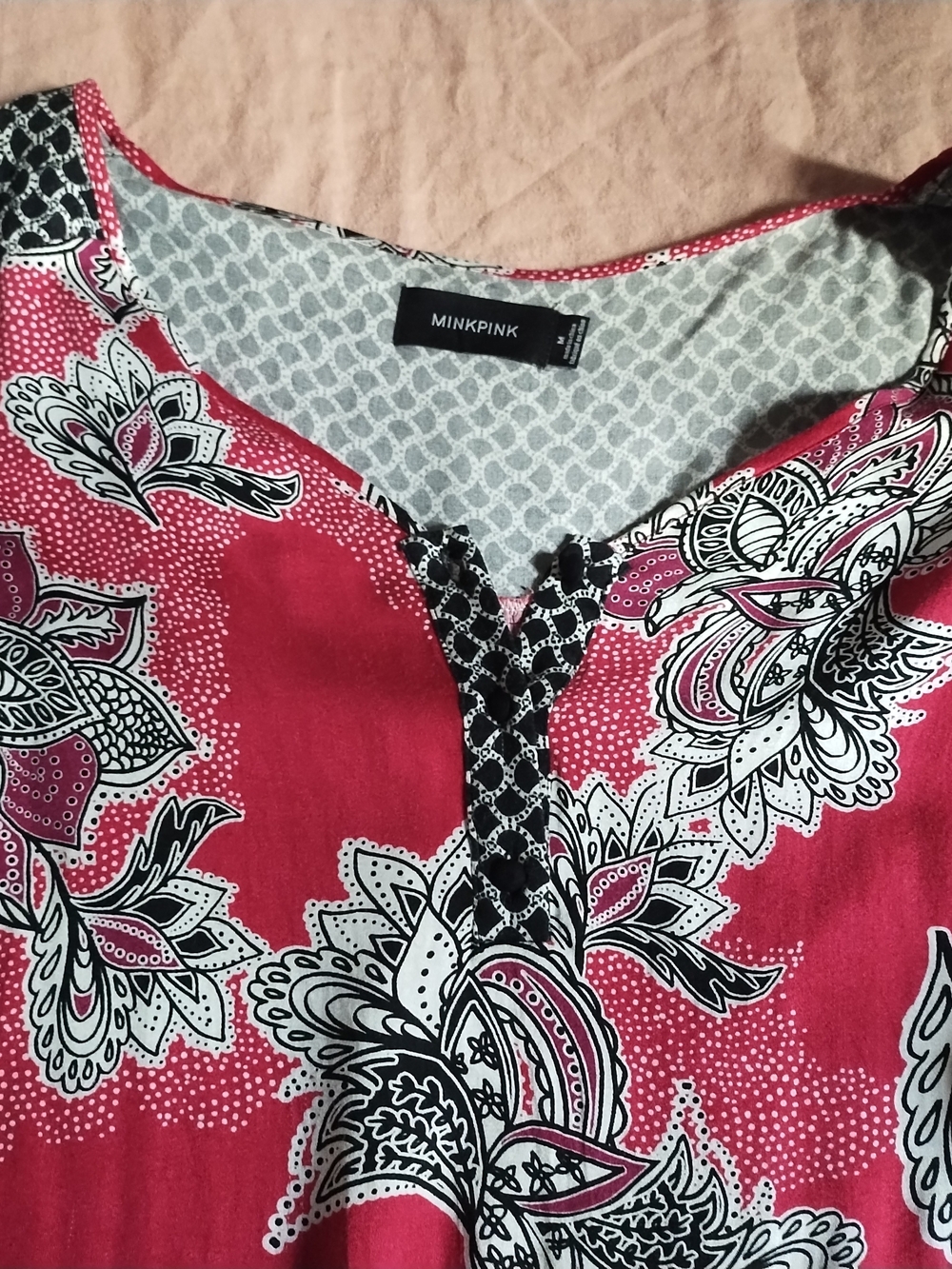 MINKPINK Red Paisley V-Neck Blouse with Black-White Trim